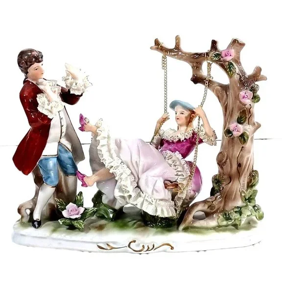 Romantic Dresden Lace Figurine Sculpture Man Woman Tree Swing Capodimonte - Picture 3 of 16